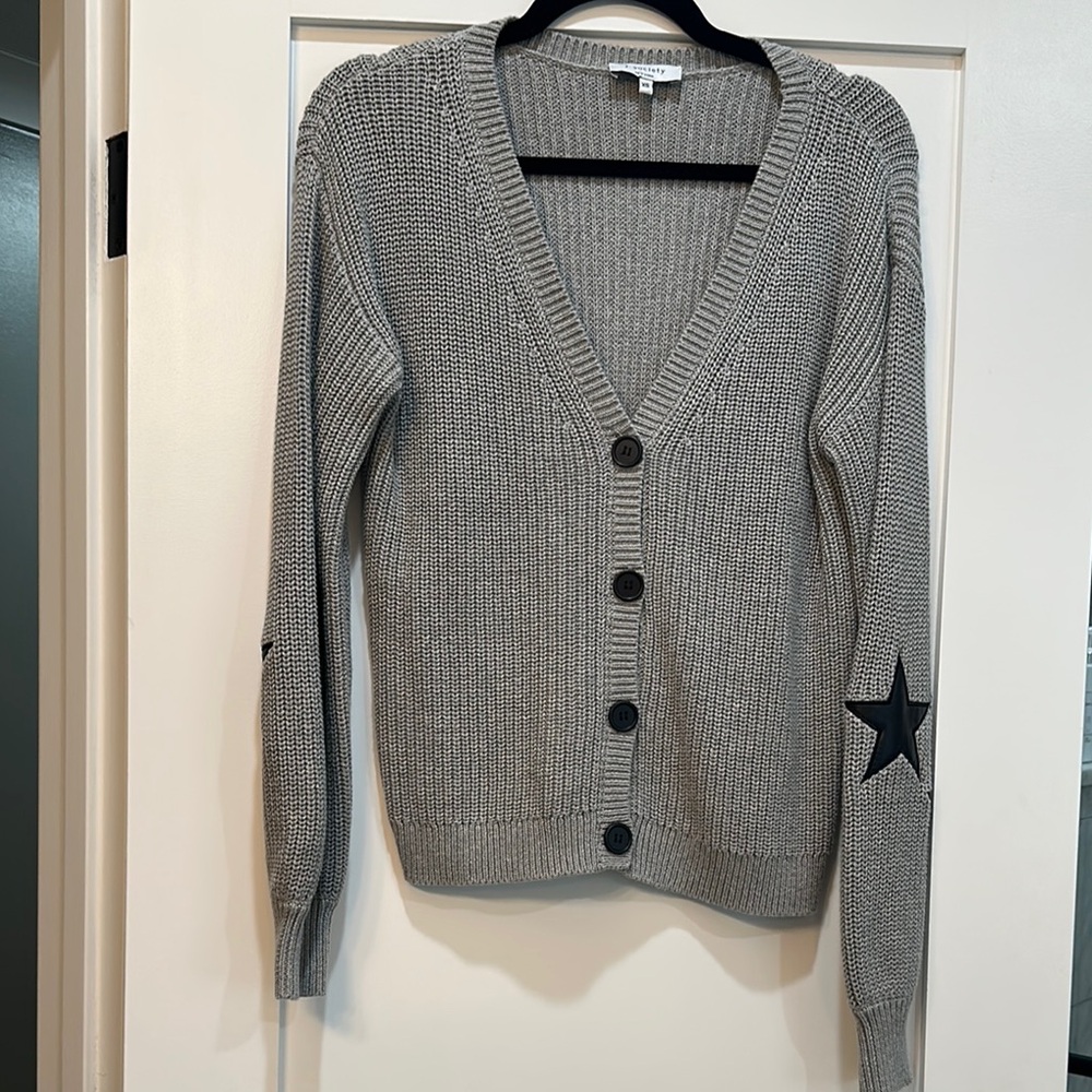 J Society - Gray V-Neck Button-Up Sweater with Star Detail on elbow